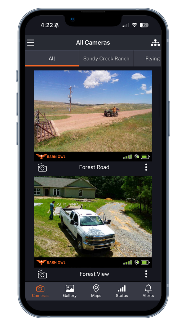 The all-cameras view in the app, showing live feeds from several sites